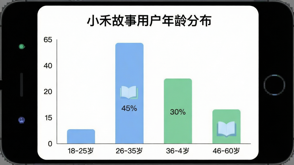 一张展示“小禾故事”App用户年龄分布的柱状图,横轴是年龄段:18-25岁、26-35岁、36-45岁、46-60岁,纵轴是用户占比百分比,柱状图显示26-35岁占比最高约45%,36-45岁占比约30%,46-60岁占比约15%,18-25岁占比约10%,图表风格是简洁的扁平化设计,柱体颜色是柔和的蓝色和绿色,背景是白色,图表上方有“小禾故事用户年龄分布”的标题,画质干净清晰,没有多余的网格线