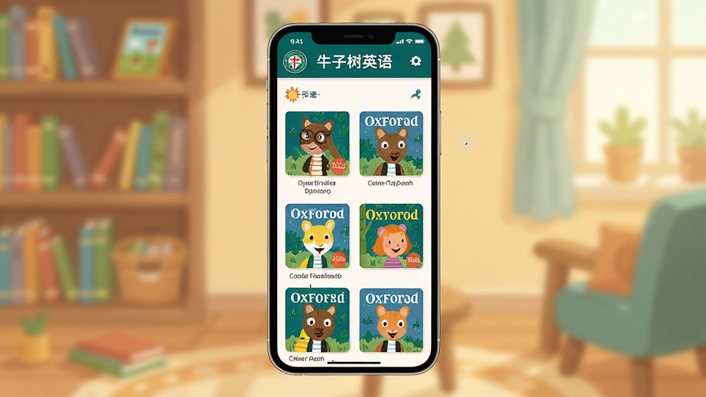 一张展示“牛津树英语”APP主界面的图片,画面中央是手机屏幕,屏幕内显示卡通风格的儿童英语学习界面,有牛津树角色和绘本封面排列,背景是温暖的书房环境,布局清晰,风格活泼明亮,画质干净,无多余元素