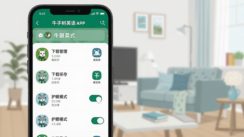 展示“牛津树英语”APP离线缓存和护眼模式设置界面的图片,画面中手机屏幕显示下载管理列表和护眼模式开关,有绿色和蓝色为主色调的图标,背景是简洁的居家环境,风格现代扁平,画质干净,无多余元素
