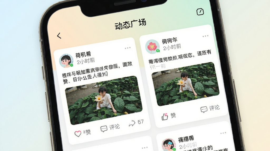 ����������һ���ֻ���Ļ�Ľ�ͼ���չʾ����Ļ����ʾ��������Ӧ�õĶ�̬�㳡ҳ�棬ҳ���������Ŷ����û���̬��Ƭ����Ƭ�����û�ͷ���ǳơ�����ʱ�䡢�������ݺ���ͼ����ͼ���·��е��޺�����ͼ�ꡣ��Ļ�����С���̬�㳡������������������͵�ǳɫ���䣬����ִ���ƽ��UI��ƣ�ϸ�����������ʸɾ��޶���Ԫ�ء�