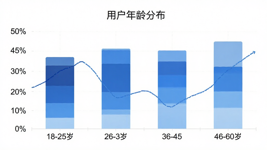 ����������һ�����ݿ��ӻ�ͼ����չʾ���������û�����ֲ���״ͼ������Ϊ�����18-25�ꡢ26-35�ꡢ36-45�ꡢ46-60�꣬����Ϊ�û�ռ�Ȱٷֱȣ���״ͼ�ò�ͬ��ǳ����ɫ�������֣�ͼ���Ϸ��б��⡰�û�����ֲ����������ǰ�ɫ�ɾ�����������ִ���Լ���ݿ��ӻ���ϸ�����������ʸɾ��޶���Ԫ�ء�