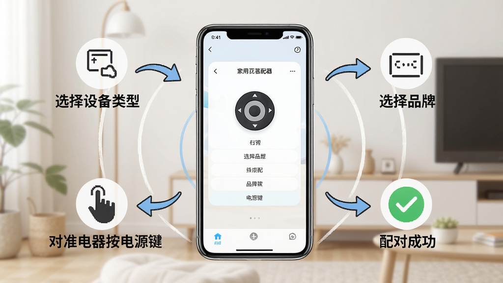 一张家用万能遥控器新手操作指引图,画面中央是一部手机显示App配对界面,手机周围用箭头标注出“选择设备类型”“选择品牌”“对准电器按电源键”“配对成功”四个步骤,每个步骤配有小图标,布局采用环形引导排版,风格清新简洁,细节清晰,画质干净,无多余元素