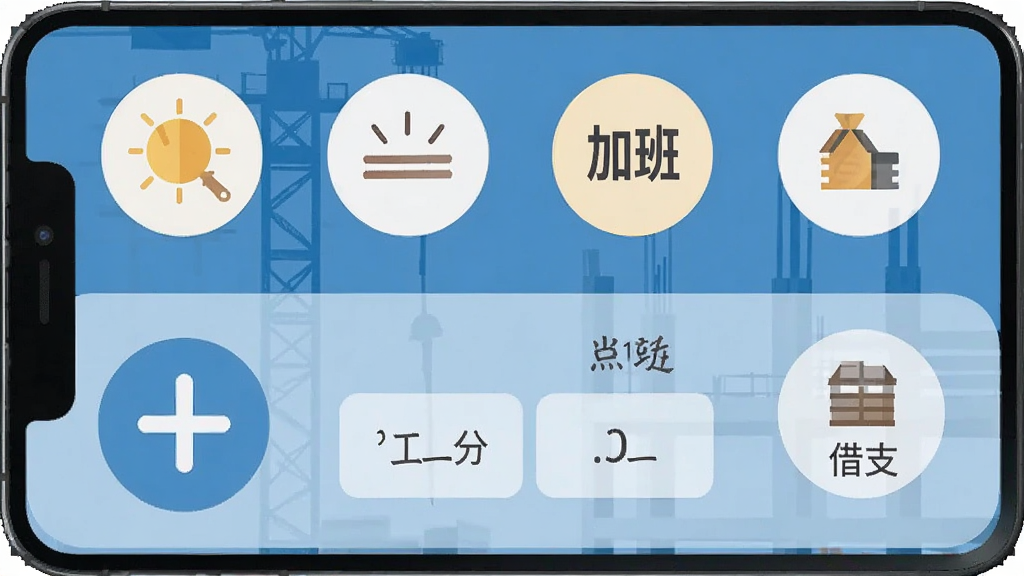 工地记工考勤表快速记工界面,手机屏幕展示大号加号按钮和工分选项,背景是简洁的工地蓝色调,有白天工、加班、包工、借支四个圆形图标,布局清晰,风格扁平化,画质干净,无多余元素