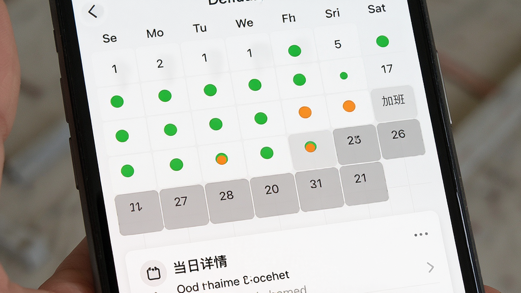 工地记工考勤表考勤日历界面,手机屏幕显示月历视图,有出勤标记的日期用绿色圆点表示,加班日期用橙色圆点表示,休息日用灰色表示,下方有当日详情卡片,风格清晰直观,画质干净,无多余元素