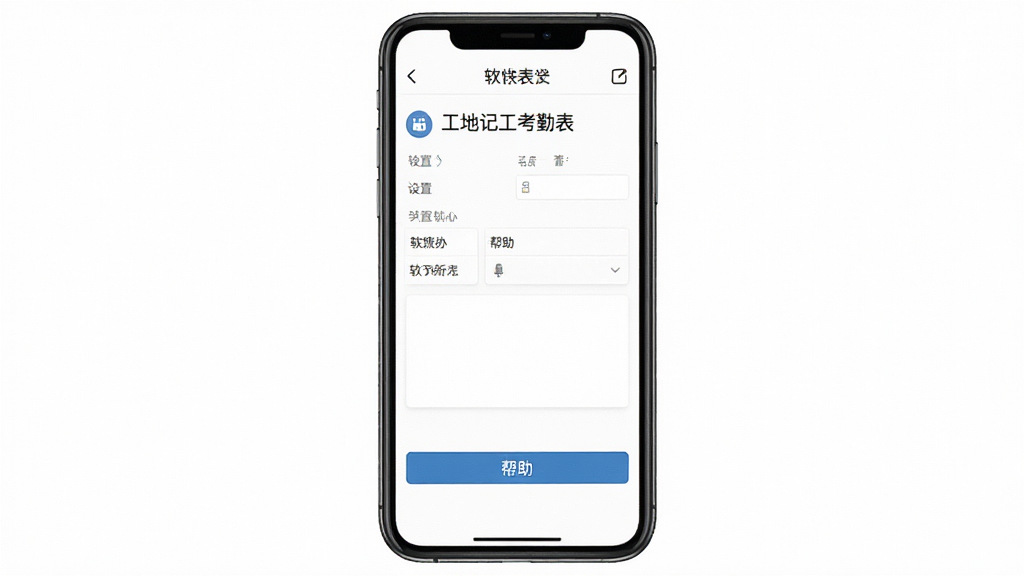 工地记工考勤表设置界面,手机屏幕显示关于软件和帮助选项,界面干净没有广告横幅,背景是纯白色,风格极简,画质干净,无多余元素