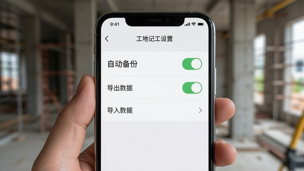 工地记工考勤表新手设置界面,手机屏幕显示设置选项列表,有自动备份开关、导出数据、导入数据等选项,界面清晰,风格简洁,画质干净,无多余元素