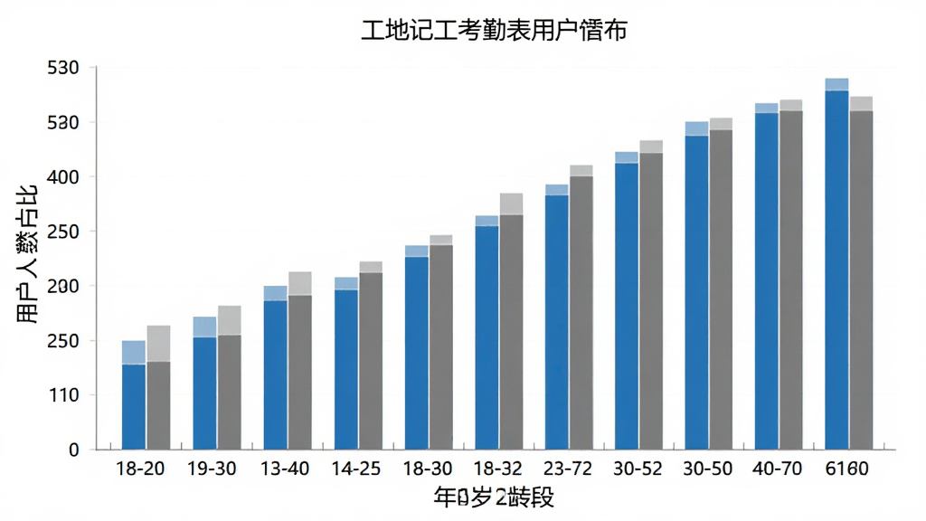 工地记工考勤表用户年龄分布柱状图,横轴是18-60岁年龄段,纵轴是用户人数占比,柱状图显示30-50岁用户占比最高,图表背景白色,配色蓝色和灰色,风格简洁数据可视化,画质干净,无多余元素
