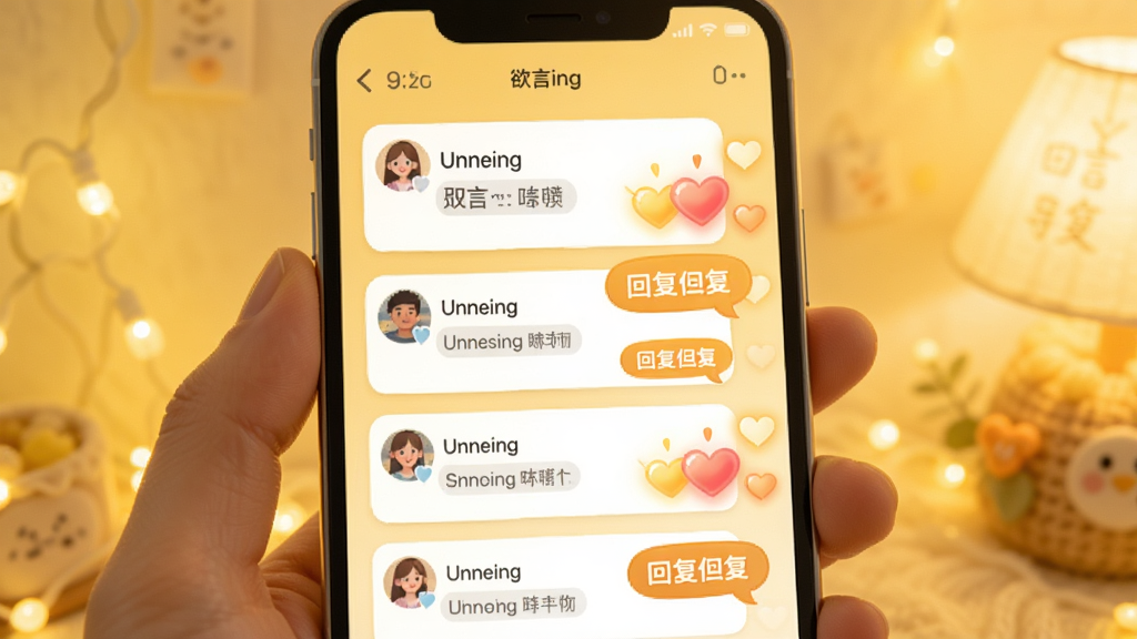 ����ing �������棬����չʾһ���ֻ���Ļ����Ļ����ʾ�������Բ�ͬ�û����������鿨Ƭ��ÿ�ſ�Ƭ�Ա���һ������İ���ͼ�����ů�Ļظ����ݣ���������͵�ů��ɫ������������ܰ�Ѻã��Ű��������������ʸɾ��޶���Ԫ�ء�