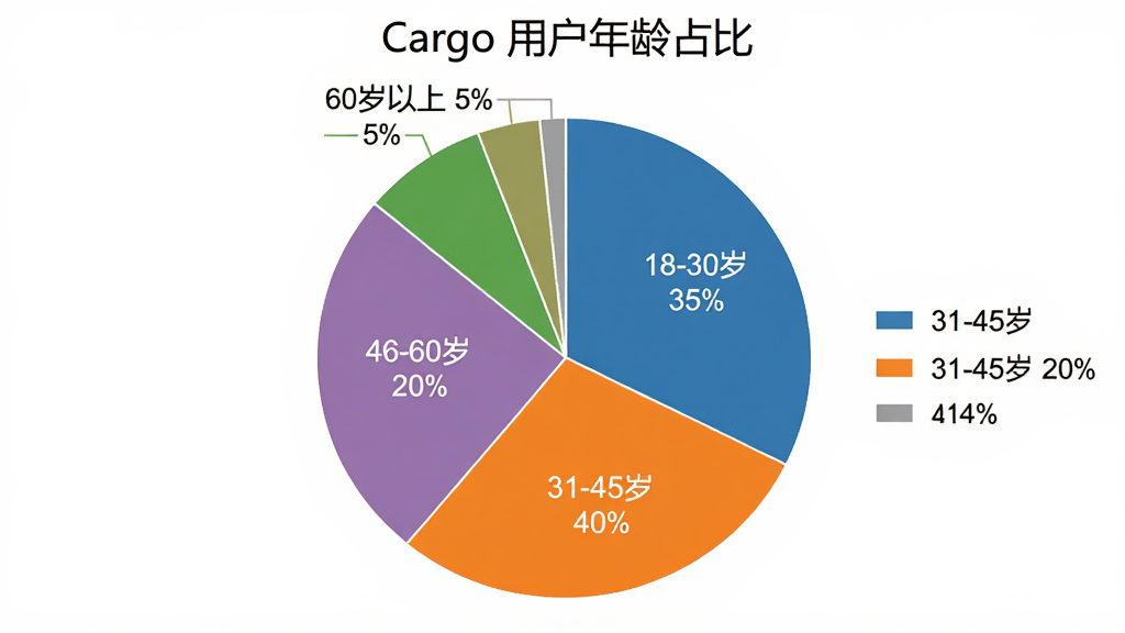 Cargo �û�����ֲ�ͼ��������һ����״ͼ��ͼ������Ϊ Cargo �û�����ռ�ȣ���ͼ��Ϊ�ĸ��������򣬷ֱ��ע 18-30�� 35%��31-45�� 40%��46-60�� 20%��60������ 5%������Ϊ���У����Ϊ������ݿ��ӻ���ϸ�ڰ�����ɫ�������ԣ���ͼ����ע������Ϊ��ɫ�������������ɾ��޶���Ԫ��