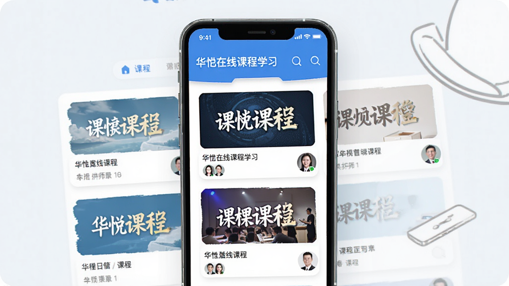 �������߿γ�ѧϰ���棬�������ֻ���Ļ��ʾ�γ��б�ҳ�棬�ж���γ̷�������ͼ�������У�ÿ���γ��·���ע�пγ����ƺͽ�ʦͷ�񣬽�������ˬ��������ɫ�����ʸɾ��޶���Ԫ��
