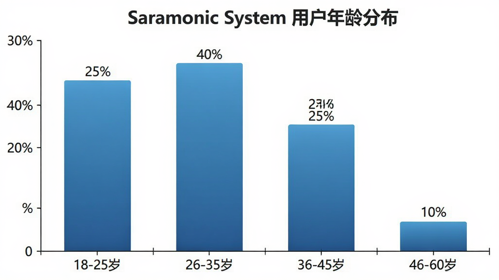 һ����״ͼ��չʾSaramonic System�û�������ֲ�ռ�ȡ�ͼ������Ϊ��Saramonic System �û�����ֲ���������Ϊ����Σ�18-25�ꡢ26-35�ꡢ36-45�ꡢ46-60�꣬����Ϊ�ٷֱȡ���״ͼ��ɫΪ��ɫ���䣬ÿ�������Ϸ���ע����ٷֱ���ֵ����18-25��ռ25%��26-35��ռ40%��36-45��ռ25%��46-60��ռ10%������Ϊ��ɫ��ͼ��������������޶���װ��Ԫ�ء�