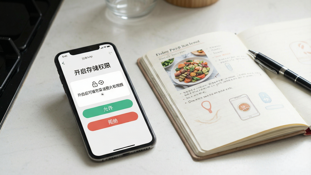 һ����ó�App��������ҳ���չʾͼ���������ֻ���Ļ��ʾ��ó���Ȩ�����ý��棬����Ϊ�������洢Ȩ�ޡ����·��С��������͡��ܾ���������ť����ť�Ϸ���˵�����֡�������ɻ������ͼƬ����Ƶ�����ֻ��Ա߷���һ���򿪵Ĳ��ױʼǱ���һ֧�ʣ������ǳ���̨�棬�����ʵ�ã��Ű����������ʸɾ��޶���Ԫ�ء�