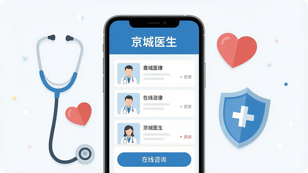 һ��չʾ������ҽ����APP���Ľ�����ֻ�ģ��ͼ�������������ֻ���Ļ����Ļ����ʾ��������ɫ��������ѯ���棬�����С�����ҽ�������֣��м���ҽ���б���������ѯ��ť����Χ���������������ġ����Ƶ�ҽ��Ԫ�أ������ɾ���ˬ����ƽ����Ʒ�񣬻��������޶���Ԫ��