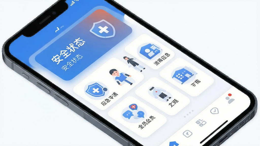 全员应急 软件主界面展示,主体为手机屏幕内呈现清爽的蓝白配色应用界面,布局顶部显示醒目的安全状态卡片,中间为功能图标网格,底部为导航栏,排版简洁明了,风格现代扁平化设计,细节圆润无多余装饰,画质干净清晰,整体呈现专业可靠的应急工具视觉感受