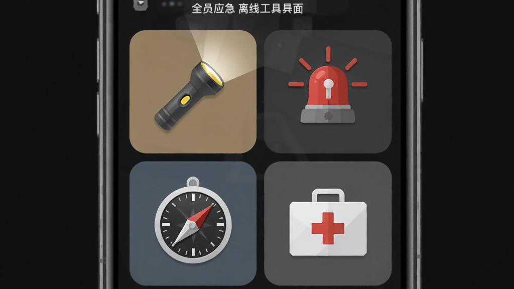 全员应急 离线工具包界面,主体为手机屏幕展示手电筒、警报、指南针、急救卡图标排列,布局为四宫格样式,排版整齐,风格拟物化与扁平化结合,细节图标边缘清晰,画质干净,背景为深色护眼模式,无多余元素