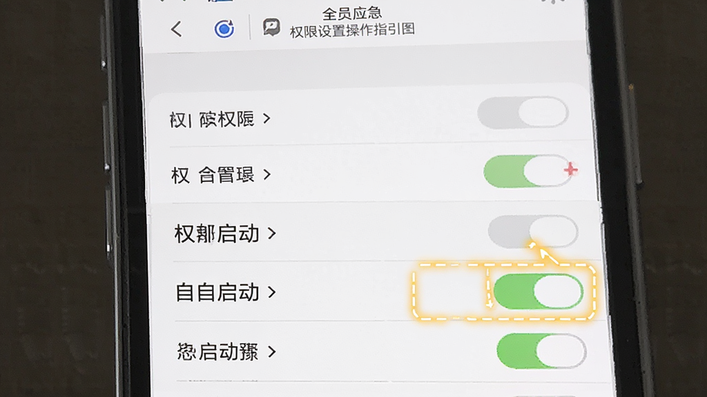 全员应急 权限设置操作指引图,主体为手机屏幕显示权限管理列表,布局为设置项纵向排列,排版清晰,风格简洁教程风,细节高亮显示位置权限和自启动开关,画质干净,无多余元素