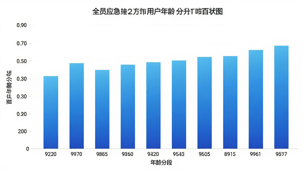 全员应急 用户年龄分布柱状图,主体为柱状图表,布局为横轴年龄分段纵轴百分比,排版清晰,风格数据可视化,细节柱子颜色为蓝色渐变,背景干净,画质清晰无多余元素