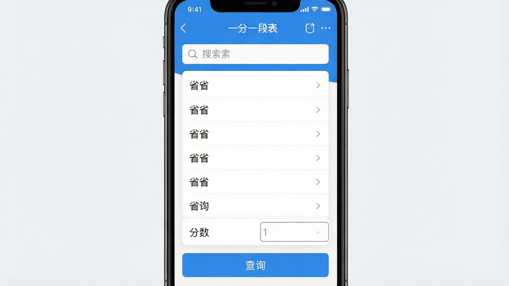 一张手机屏幕截图,画面中央显示“一分一段表”应用程序的主界面,顶部有搜索框,中间是各省份列表和分数输入区域,底部有查询按钮,整体布局简洁清晰,蓝白配色,风格现代扁平,画质干净,无多余元素