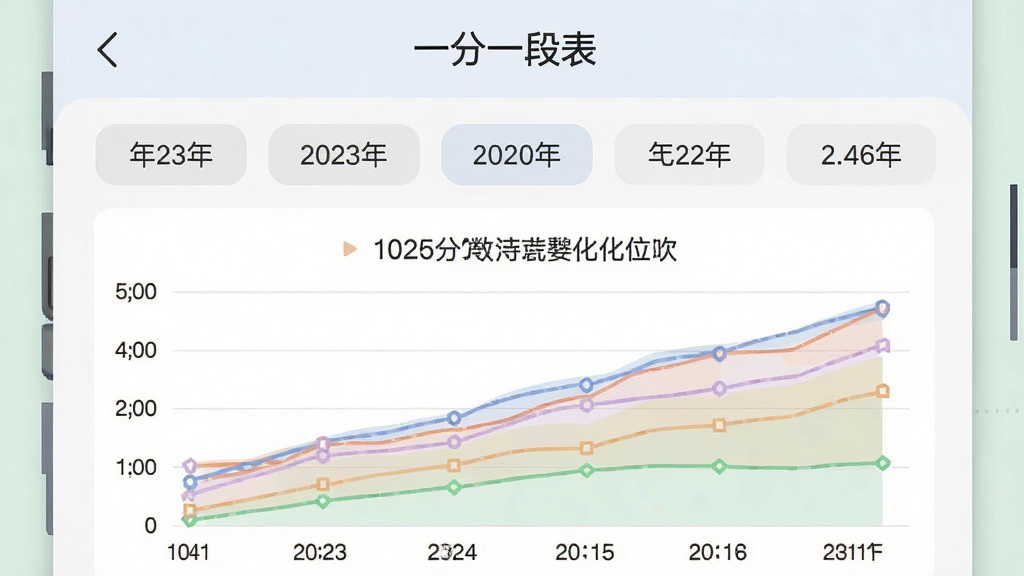 一张手机应用界面截图,画面中显示“一分一段表”的历年数据对比页面,上半部分是年份选择标签,下半部分是折线图展示不同年份同一分数对应的位次变化,图表颜色柔和,布局清晰,风格现代扁平,画质干净,无多余元素