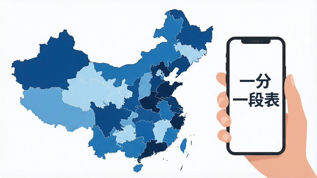 一张信息图表风格的插画,画面中有一张中国地图轮廓,地图上各个省份区域被不同深浅的蓝色填充,地图旁边有一只手拿着手机,手机屏幕上显示“一分一段表”几个字,整体布局左边地图右边手机,风格简洁现代,画质干净,无多余元素