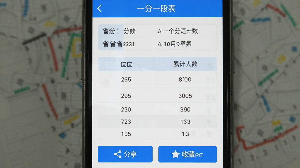 一张手机屏幕截图,画面显示“一分一段表”的查询结果页面,顶部有分数和省份信息,中间是位次数字和累计人数,底部有分享和收藏按钮,界面简洁,蓝白配色,画质干净,无多余元素