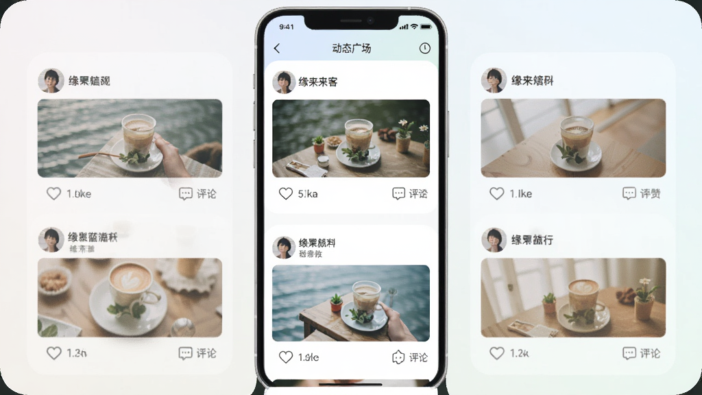 Ե����App��̬�㳡���棬�ֻ���Ļ��ʾ�û�������ͼ�Ķ�̬��Ƭ������ͷ���ǳơ�ͼƬ�͵������۰�ť���������룬ɫ����ͣ�������£����ʸɾ�