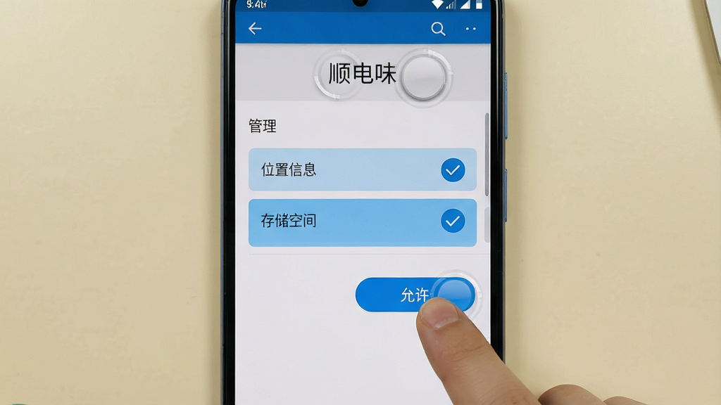 һ��չʾ��˳��ζ��App���ֻ��ϰ�װ��Ȩ�����ý����ͼƬ������������һ����׿�ֻ�����Ļ����ʾ��Ӧ��Ȩ�޹���ҳ�棬���С�λ����Ϣ���͡��洢�ռ䡱����Ȩ�ޱ�������ʾ����ѡ���Ա���һ����ָ���ڵ������������ť�������Ǽ򵥵Ĵ�ɫ���棬����������Ľ̳̽�ͼ���ϸ���ϰ�ť�а�ѹ�Ķ���Ч������������������ɾ����޶���Ԫ��