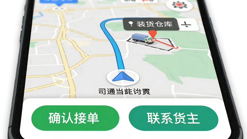 ��ͨ��ǧ˾��APP������ӵ��������棬�ֻ���Ļչʾ��ͼ����ҳ�棬���Ϊ˾����ǰλ�ã��յ�Ϊװ���ֿ⣬�ײ��С�ȷ�Ͻӵ����͡���ϵ������������ť����������ϴ�ͼ�����������ʵ�ü��