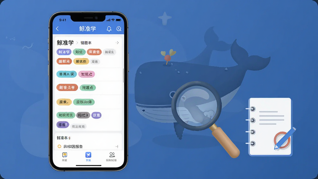һ��չʾ��׼ѧAI���Ȿ���ܵ�ͼƬ��������һ���ֻ�����չʾ����Ļ���Ǿ�׼ѧApp�Ĵ��Ȿ���棬��ʾ��ͬ��ɫ��֪ʶ���ǩ�͡���׼ѧ��������򱨸棬�Ա��зŴ󾵺ͱʼǱ��Ĳ廭Ԫ�أ�������½����磬ϸ�����������ʸɾ����޶���Ԫ�ء�