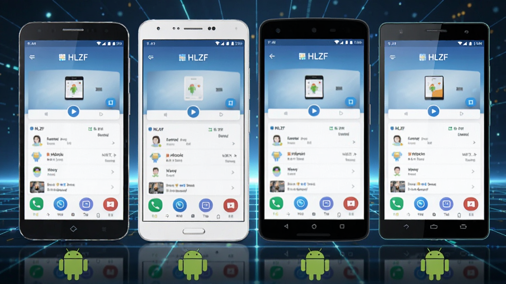 ��̨��ͬƷ�ư�׿�ֻ�����չʾ��ÿ̨�ֻ���Ļ����HLZFӦ�ý��棬�ֻ��·���Android������ͼ�꣬����Ϊ�Ƽ������񣬷���࣬���������ɾ�