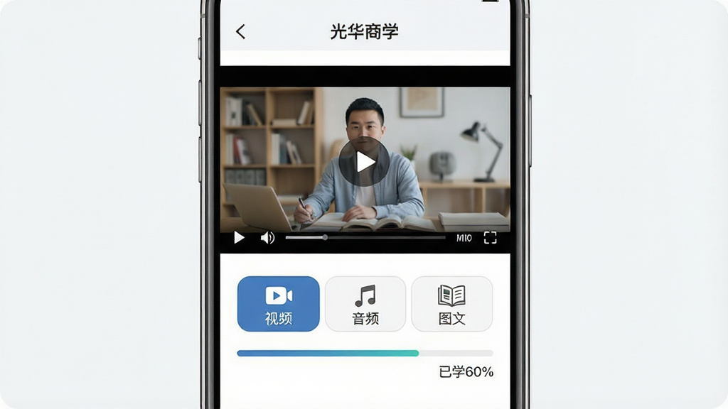 һ��չʾ���⻪��ѧ��APP��ģʽѧϰ�����ͼƬ������Ϊ�ֻ���Ļ������Ϊ�Ϸ�����Ƶ���Ŵ��ڣ��·��С���Ƶ��������Ƶ������ͼ�ġ������л���ť���Ա���ѧϰ��������ʾ����ѧ60%�����Ű�ֱ�ۣ�����Լʵ�ã�ϸ�����������ʸɾ��޶���Ԫ��