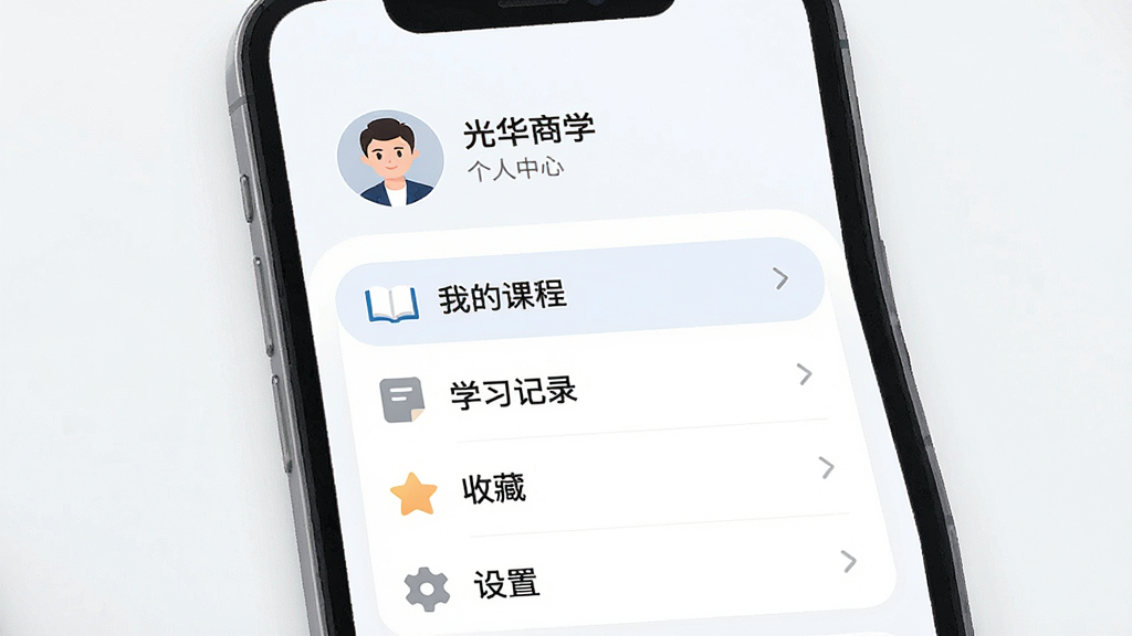 һ��չʾ���⻪��ѧ��APP�������Ľ����ͼƬ������Ϊ�ֻ���Ļ������Ϊ�������û�ͷ����ǳƣ��·��ǡ��ҵĿγ̡�����ѧϰ��¼�������ղء��������á��Ȳ˵���Ű������ˣ������ˬ�ɾ���ϸ��Բ�󣬻��ʸɾ��޶���Ԫ��