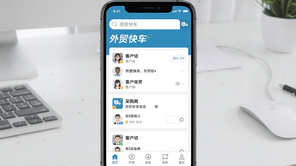 һ��չʾ��ó�쳵App��������ֻ�Ч��ͼ�������������ֻ���Ļ����Ļ����ʾ��ó�쳵App��ҳ��������������͡���ó�쳵�����ֱ�ʶ���м��ǿͻ��б��Ͳɹ�����Ϣ��Ƭ���ײ��ǵ������������Ǽ��İ칫���棬����ִ���ƽ�����ʸɾ��������޶���Ԫ��