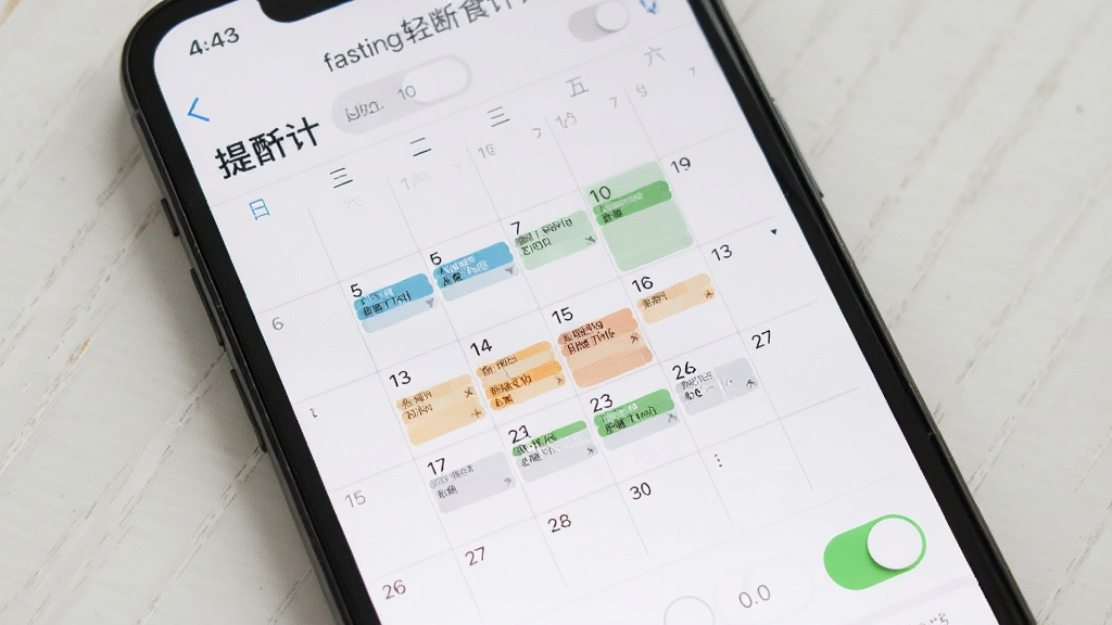 一张展示 fasting轻断食 计划设置界面的图片,主体是手机屏幕,屏幕上显示着 fasting轻断食 的周计划日历和提醒开关,布局为日历网格形式,风格为极简实用风格,细节包含不同颜色的计划标记、时间选择器和开关按钮,画质高清,干净无多余元素。