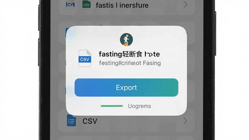 一张展示 fasting轻断食 数据导出功能的图片,主体是手机屏幕,屏幕上显示着 fasting轻断食 的导出确认弹窗和文件格式选项,布局为居中弹窗,风格为干净的系统级设计,细节包含CSV文件图标、导出按钮和进度提示,画质高清,干净无多余元素。