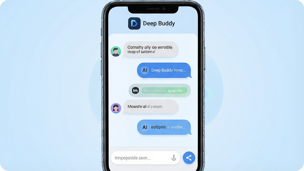 һ��չʾDeep Buddy�ֻ�Ӧ�ý����ͼƬ��������һ���ִ��е�����Ի����ڣ�����Ϊ������ʾDeep Buddy��logo�����ƣ��м����û���AI�ĶԻ����ݣ��ײ��������ͷ��Ͱ�ť���Ű���þ��жԳ���ƣ����Ϊ�Ƽ��б�ƽ����ϸ��������Բ��ͼ���࣬���ʸɾ��������޶���Ԫ�أ�����Ϊǳ��ɫ���䡣