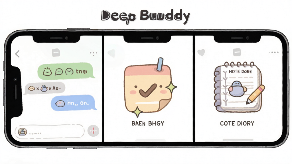 һ��չʾDeep Buddy���ܳ�����ͼƬ���������ֻ���Ļ���ѳ��������򣬷ֱ���ʾ����Ի�����б�ǩ�������ռǵ�ͼ�꣬����Ϊ�������У��Ű��������ˣ����Ϊ��Լ�廭�磬ϸ����ͼ��ɰ���ɫ����ͣ����ʸɾ��޶���Ԫ�أ�����Ϊ����ɫ��
