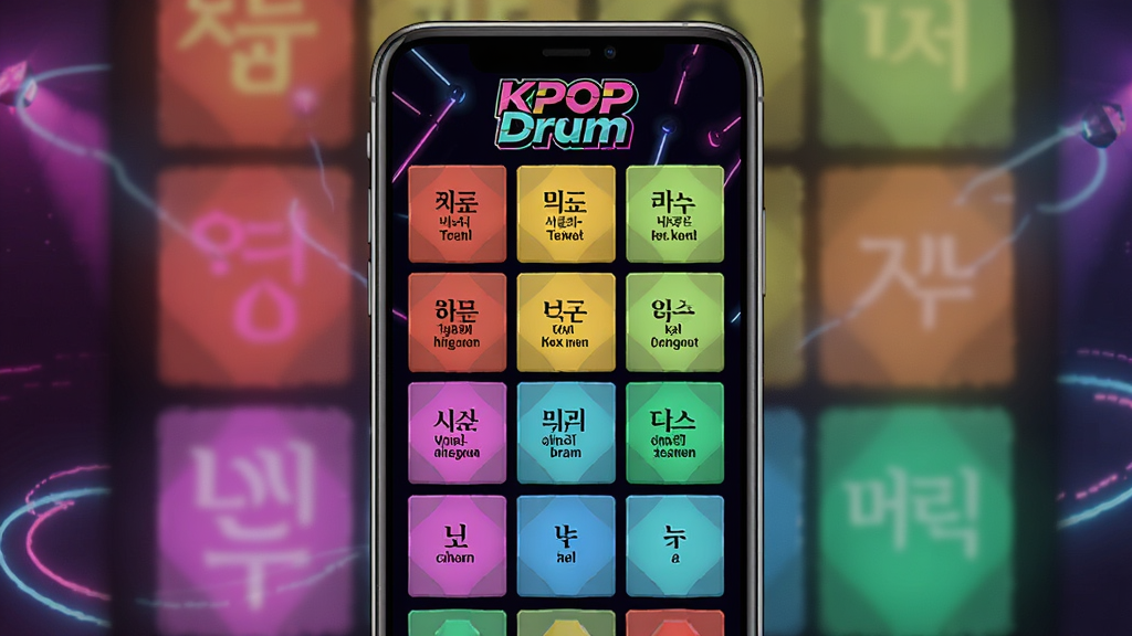 һ��չʾKPOP DrumӦ�ý�����ֻ�����ͼ������������ɫ�����޵Ĵ��������ÿ�����Ӵ��к��ĺ�Ӣ�ı�ǩ�������ǰ�ɫϵ�����޺��Ч��������KPOP Drum��logo�������񶯸г�����ϸ�����������ʸɾ��޶���Ԫ��