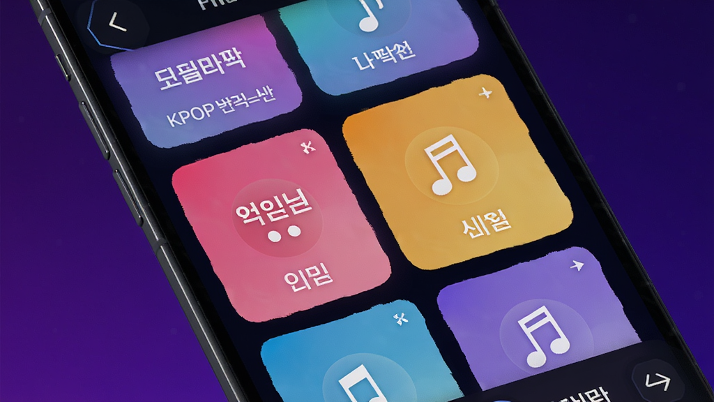 �ֻ���Ļ��д����ʾKPOP DrumӦ������ɫ��ѡ����棬�����ɫ��Ƭ���У���Ƭ��ӡ�к��ĺ�����ͼ�꣬����������ɫ���䣬������Ƽ��У����������ɾ�