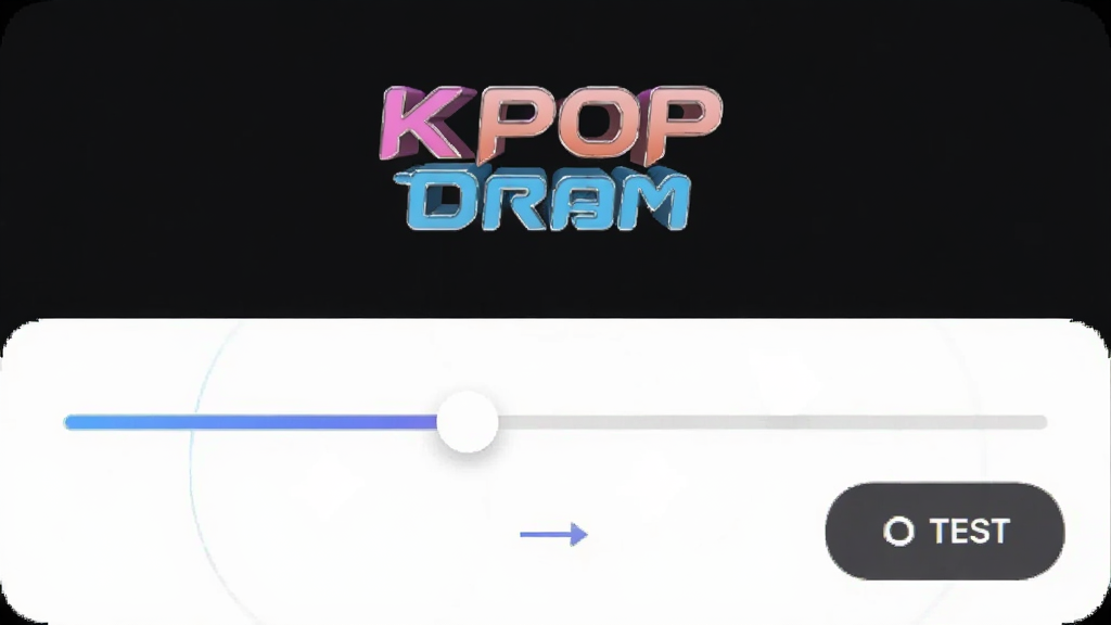 KPOP DrumӦ������Ƶ�ӳ�У׼���棬��ʾһ������Ͳ��԰�ť����������ɫ����KPOP Drum��logo�����������������ʸɾ��޶���Ԫ��