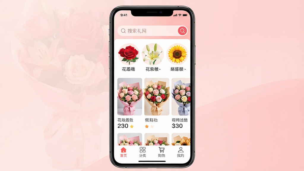 һ���ֻ���Ļչʾ�������ʻ�APP��ҳ��ͼƬ������������APP���棬�����������·�������õ�塢�ٺϡ����տ����ʻ�����ͼ�꣬�м��Ǽ���������������Ʒ��Ƭ���ײ�����ҳ�����ࡢ���ﳵ���ҵ��ĸ�������ť����������͵�ǳ��ɫ���䣬���������ܰ��ϸ�ھ��£����ʸɾ����޶���Ԫ�ء�