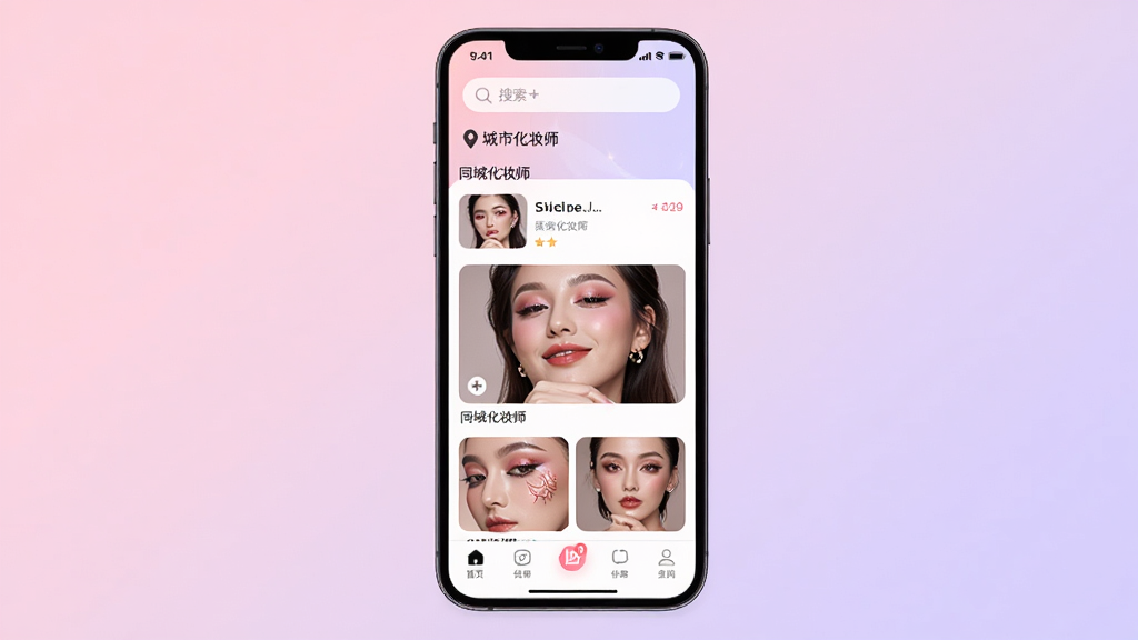 Լױ��App������ȫòչʾ���ֻ���Ļ������ʾͬ�ǻ�ױʦ�б��;���ױ����Ʒ���棬�������������Ͷ�λ���У��ײ��������������������뵭��ɫ��ǳ��ɫ���䣬�������ʱ�У�ϸ��Բ��ɾ������ʸ����޶���Ԫ��