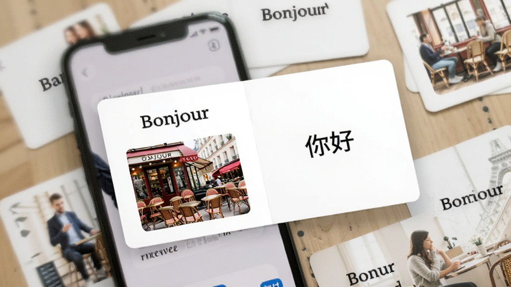 ����UѧԺ���ʿ�Ƭ����չʾ���ֻ���Ļ�ڳ���һ�ŷ����Ŀ�Ƭ������д�š�Bonjour����һ�Ű��迧�ȹݵ�ͼƬ�����������ġ���á����Ա�ɢ���ż������������ĵ��ʿ�������Լ���£��������