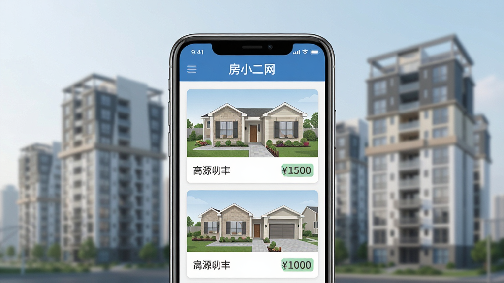 一张展示“房小二网”手机应用主界面的图片,画面中央是手机屏幕,屏幕内显示简洁的房源列表卡片,每张卡片上有房屋户型图和价格标签,背景是模糊的城市楼盘轮廓,风格现代扁平,细节清晰,画质干净,无多余元素