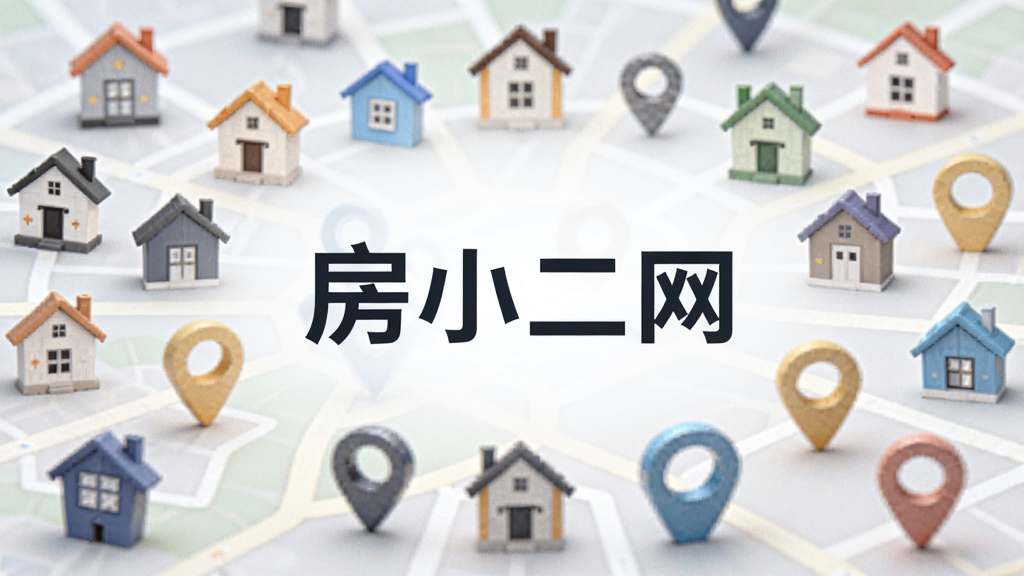 一张AI生成的图片,画面中“房小二网”的Logo悬浮在中央,周围环绕着各式各样的房屋图标和地图定位标记,布局呈放射状,风格简洁商务,细节丰富,画质清晰,无多余元素