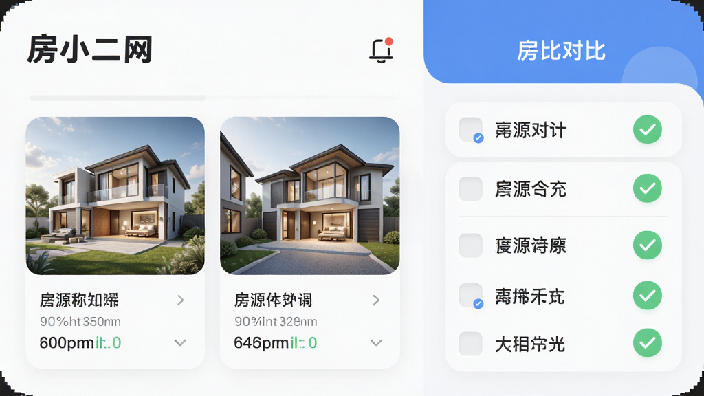一张AI生成的图片,画面中展示“房小二网”应用内的房源对比界面,左边是两套房屋的缩略图和关键信息,右边是打勾的对比列表,布局左右分栏,风格清爽现代,细节圆润,画质干净,无多余元素