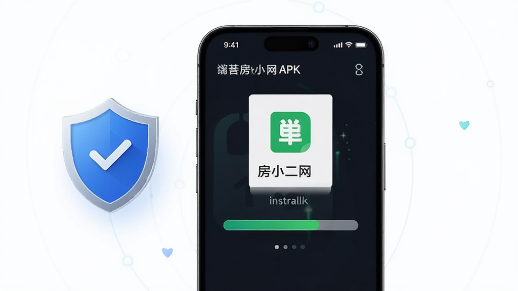 一张AI生成的图片,画面中展示一部手机正在安装“房小二网”APK文件,手机屏幕上有安装进度条,旁边有一个盾牌图标代表安全检测,布局居中,风格科技简洁,细节清晰,画质干净,无多余元素