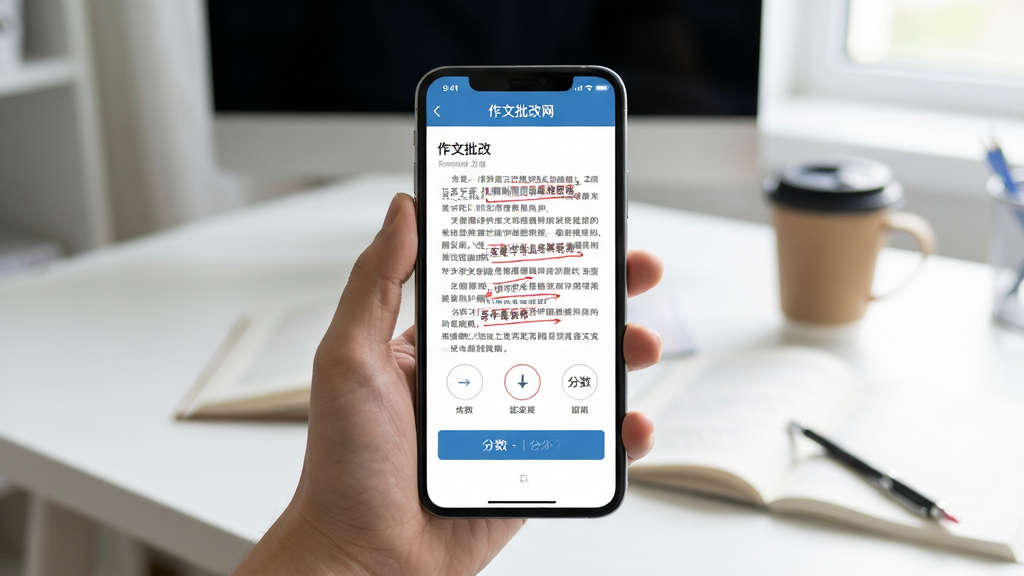作文批改网 手机屏幕显示作文批改界面 红色批注 分数 排版整洁 学习场景 现代风格 干净 无多余元素