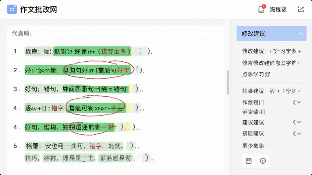 作文批改网 逐句点评界面 绿色高亮好句 红色圈出错字 侧边修改建议 排版整齐 学习氛围 干净 无多余元素