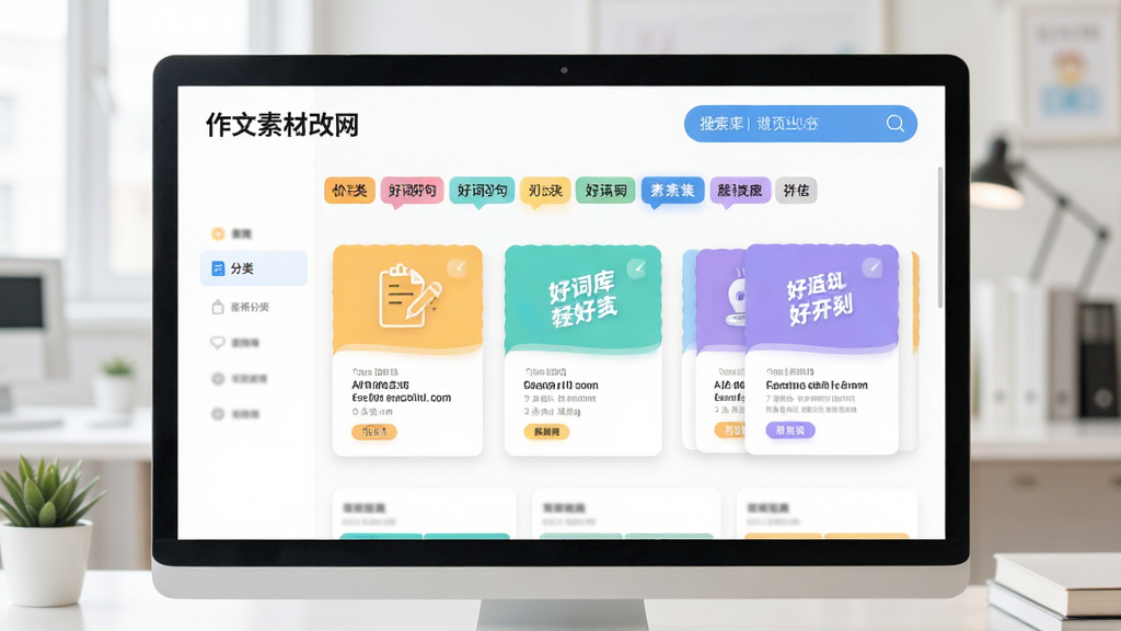 作文批改网 素材库界面 分类标签 好词好句卡片 搜索框 明亮色调 布局规整 现代风格 干净
